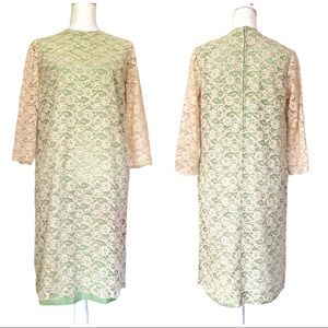 Vintage 60's Cream Lace Over Green Shift Dress Medium